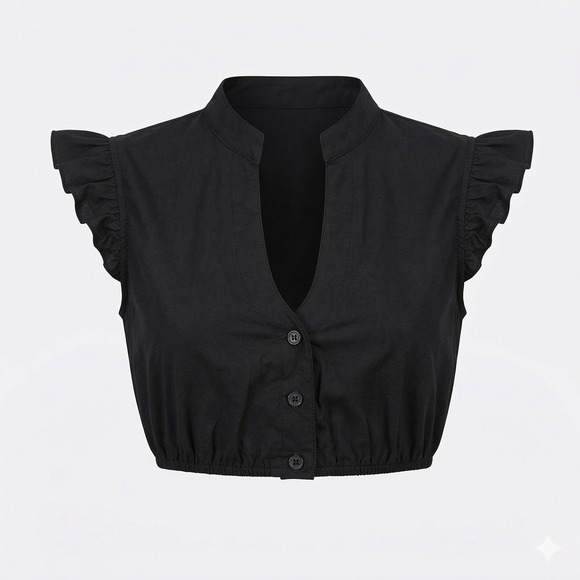 New XL Black Ruffle Sleeve Dirndl Undershirt Top Oktoberfest V Neck Blouse - Picture 2 of 6